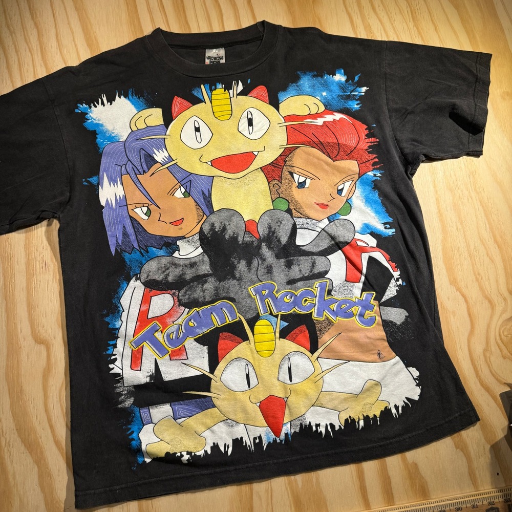 Growing Pains Men's Vintage Pokémon Team Rocket Graphic T-Shirt Black Y2K Size M